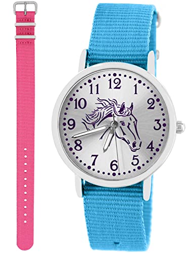 Pacific Time Kinder Armbanduhr Mädchen Junge Pferd Motivuhr Kinderuhr Set 2 Textil Armband hellblau + rosa analog Quarz 10374 von Pacific Time