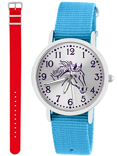 Pacific Time Kinder Armbanduhr Mädchen Junge Pferd Motivuhr Kinderuhr Set 2 Textil Armband hellblau + rot analog Quarz 10381 von Pacific Time