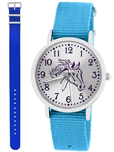 Pacific Time Kinder Armbanduhr Mädchen Junge Pferd Motivuhr Kinderuhr Set 2 Textil Armband hellblau + royal blau analog Quarz 10377 von Pacific Time