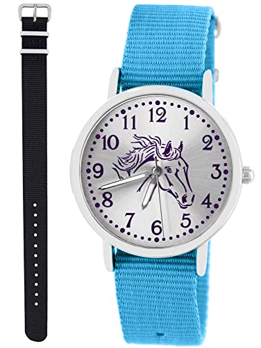 Pacific Time Kinder Armbanduhr Mädchen Junge Pferd Motivuhr Kinderuhr Set 2 Textil Armband hellblau + schwarz analog Quarz 10380 von Pacific Time