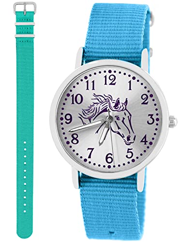 Pacific Time Kinder Armbanduhr Mädchen Junge Pferd Motivuhr Kinderuhr Set 2 Textil Armband hellblau + türkis analog Quarz 10373 von Pacific Time