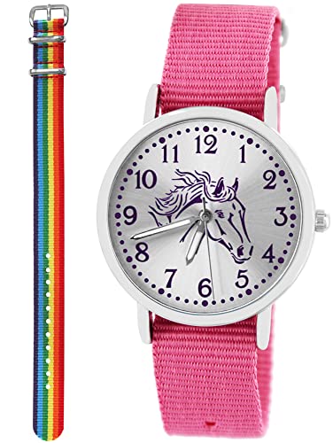 Pacific Time Kinder Armbanduhr Mädchen Junge Pferd Motivuhr Kinderuhr Set 2 Textil Armband rosa + Regenbogen analog Quarz 10366 Pacific Time Kinder Armbanduhr Mädchen Junge Pferd Motivuhr Kinderuhr Set 2 Textil Armband rosa + Regenbogen analog Quarz 10366 von Pacific Time