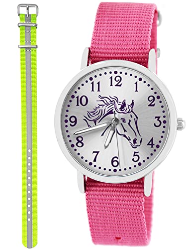 Pacific Time Kinder Armbanduhr Mädchen Junge Pferd Motivuhr Kinderuhr Set 2 Textil Armband rosa + gelb reflektierend analog Quarz 10369 von Pacific Time