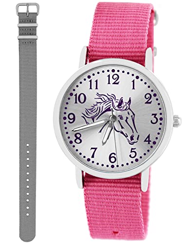 Pacific Time Kinder Armbanduhr Mädchen Junge Pferd Motivuhr Kinderuhr Set 2 Textil Armband rosa + grau analog Quarz 10365 von Pacific Time