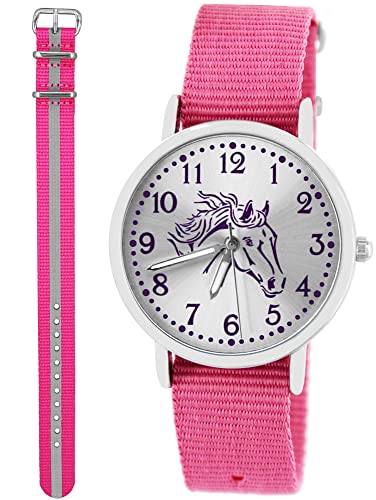 Pacific Time Kinder Armbanduhr Mädchen Junge Pferd Motivuhr Kinderuhr Set 2 Textil Armband rosa + pink reflektierend analog Quarz 10370 Pacific Time Kinder Armbanduhr Mädchen Junge Pferd Motivuhr Kinderuhr Set 2 Textil Armband rosa + pink reflektierend analog Quarz 10370 von Pacific Time