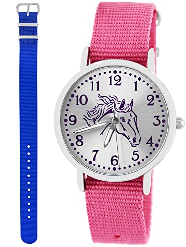 Pacific Time Kinder Armbanduhr Mädchen Junge Pferd Motivuhr Kinderuhr Set 2 Textil Armband rosa + royal blau analog Quarz 10364 von Pacific Time