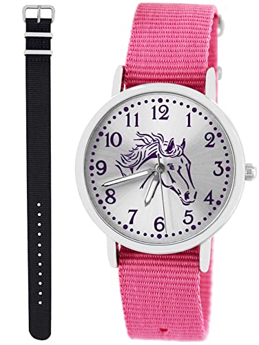 Pacific Time Kinder Armbanduhr Mädchen Junge Pferd Motivuhr Kinderuhr Set 2 Textil Armband rosa + schwarz analog Quarz 10367 von Pacific Time