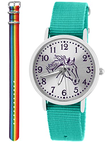 Pacific Time Kinder Armbanduhr Mädchen Junge Pferd Motivuhr Kinderuhr Set 2 Textil Armband türkis + Regenbogen analog Quarz 10353 von Pacific Time