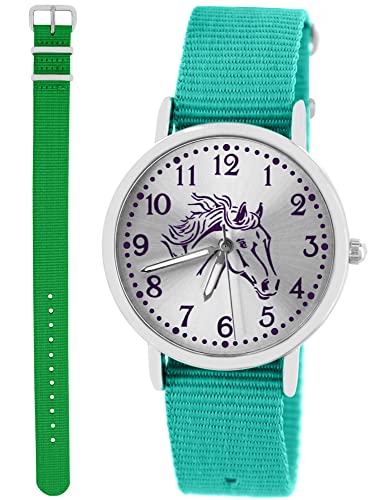 Pacific Time Kinder Armbanduhr Mädchen Junge Pferd Motivuhr Kinderuhr Set 2 Textil Armband türkis + grün analog Quarz 10350 von Pacific Time