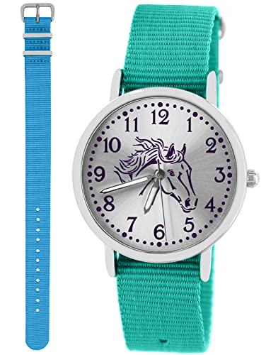 Pacific Time Kinder Armbanduhr Mädchen Junge Pferd Motivuhr Kinderuhr Set 2 Textil Armband türkis + hell blau analog Quarz 10348 von Pacific Time