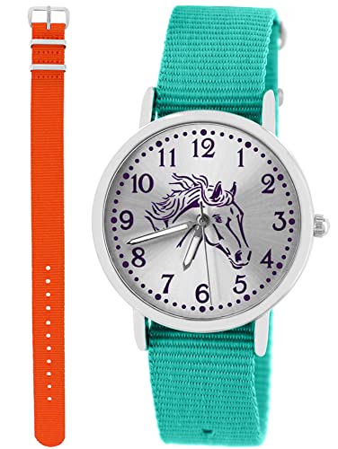 Pacific Time Kinder Armbanduhr Mädchen Junge Pferd Motivuhr Kinderuhr Set 2 Textil Armband türkis + orange analog Quarz 10358 von Pacific Time