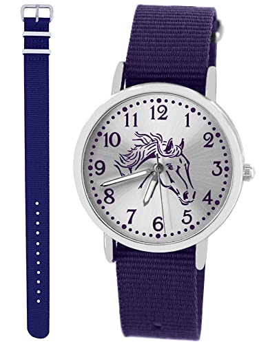 Pacific Time Kinder Armbanduhr Mädchen Junge Pferd Motivuhr Kinderuhr Set 2 Textil Armband violett + dunkel blau analog Quarz 10323 von Pacific Time