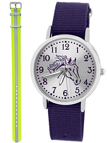 Pacific Time Kinder Armbanduhr Mädchen Junge Pferd Motivuhr Kinderuhr Set 2 Textil Armband violett + gelb reflektierend analog Quarz 10328 von Pacific Time