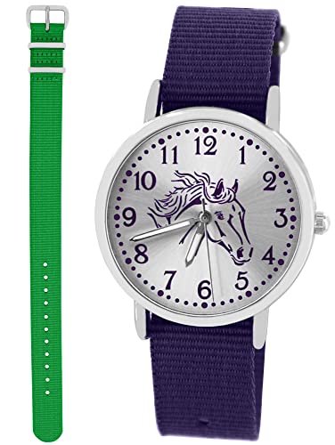 Pacific Time Kinder Armbanduhr Mädchen Junge Pferd Motivuhr Kinderuhr Set 2 Textil Armband violett + grün analog Quarz 10322 von Pacific Time