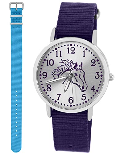 Pacific Time Kinder Armbanduhr Mädchen Junge Pferd Motivuhr Kinderuhr Set 2 Textil Armband violett + hell blau analog Quarz 10320 von Pacific Time