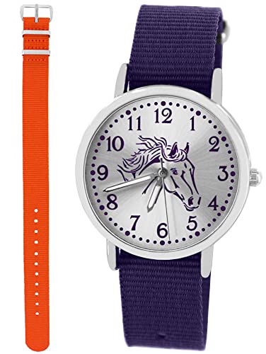 Pacific Time Kinder Armbanduhr Mädchen Junge Pferd Motivuhr Kinderuhr Set 2 Textil Armband violett + orange analog Quarz 10329 von Pacific Time