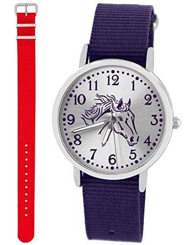 Pacific Time Kinder Armbanduhr Mädchen Junge Pferd Motivuhr Kinderuhr Set 2 Textil Armband violett + rot analog Quarz 10327 von Pacific Time