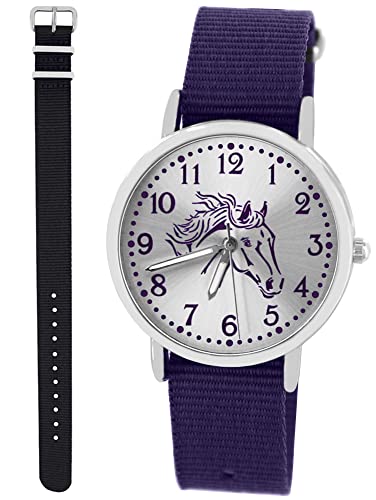 Pacific Time Kinder Armbanduhr Mädchen Junge Pferd Motivuhr Kinderuhr Set 2 Textil Armband violett + schwarz analog Quarz 10326 von Pacific Time