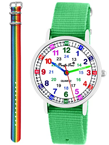 Pacific Time Kinder Armbanduhr Mädchen Jungen Lernuhr Kinderuhr Set 2 Textil Armband grün + bunter Regenbogen analog Quarz 11108 von Pacific Time