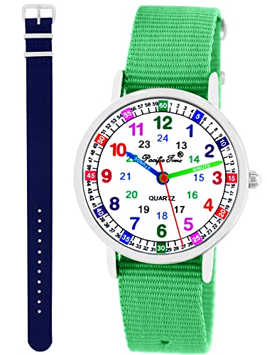 Pacific Time Kinder Armbanduhr Mädchen Jungen Lernuhr Kinderuhr Set 2 Textil Armband grün + dunkel blau analog Quarz 11104 von Pacific Time