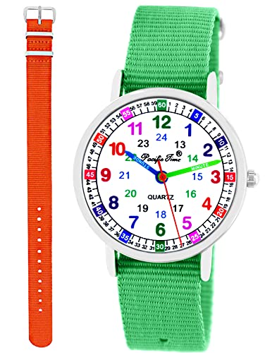 Pacific Time Kinder Armbanduhr Mädchen Jungen Lernuhr Kinderuhr Set 2 Textil Armband grün + orange analog Quarz 11113 von Pacific Time