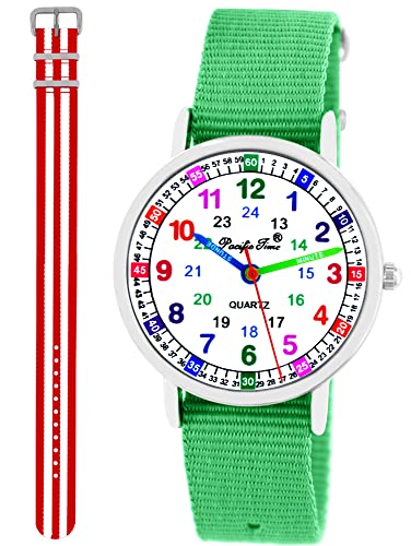 Pacific Time Kinder Armbanduhr Mädchen Jungen Lernuhr Kinderuhr Set 2 Textil Armband grün + rot-Weiss analog Quarz 11115 von Pacific Time