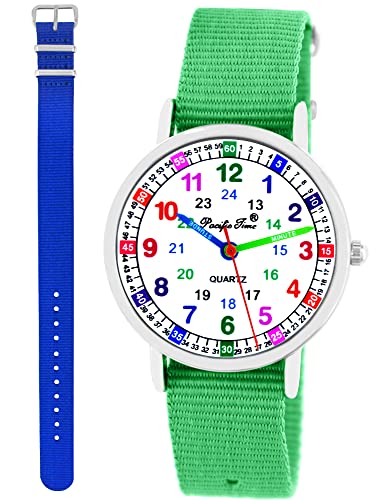Pacific Time Kinder Armbanduhr Mädchen Jungen Lernuhr Kinderuhr Set 2 Textil Armband grün + royal blau analog Quarz 11105 von Pacific Time