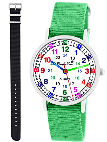 Pacific Time Kinder Armbanduhr Mädchen Jungen Lernuhr Kinderuhr Set 2 Textil Armband grün + schwarz analog Quarz 11117 von Pacific Time
