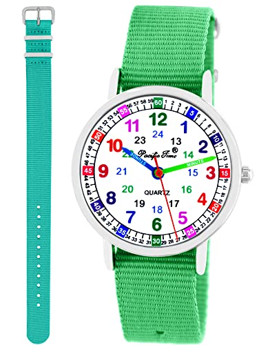 Pacific Time Kinder Armbanduhr Mädchen Jungen Lernuhr Kinderuhr Set 2 Textil Armband grün + türkis analog Quarz 11102 von Pacific Time