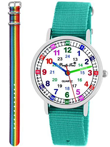 Pacific Time Kinder Armbanduhr Mädchen Jungen Lernuhr Kinderuhr Set 2 Textil Armband türkis + Regenbogen analog Quarz 11128 von Pacific Time