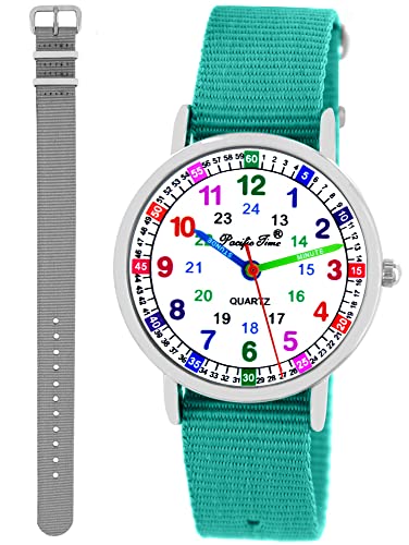 Pacific Time Kinder Armbanduhr Mädchen Jungen Lernuhr Kinderuhr Set 2 Textil Armband türkis + grau analog Quarz 11126 von Pacific Time
