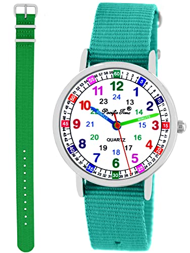 Pacific Time Kinder Armbanduhr Mädchen Jungen Lernuhr Kinderuhr Set 2 Textil Armband türkis + grün analog Quarz 11123 von Pacific Time