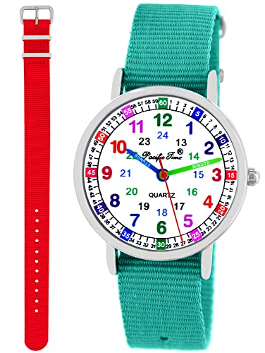 Pacific Time Kinder Armbanduhr Mädchen Jungen Lernuhr Kinderuhr Set 2 Textil Armband türkis + rot analog Quarz 11129 von Pacific Time