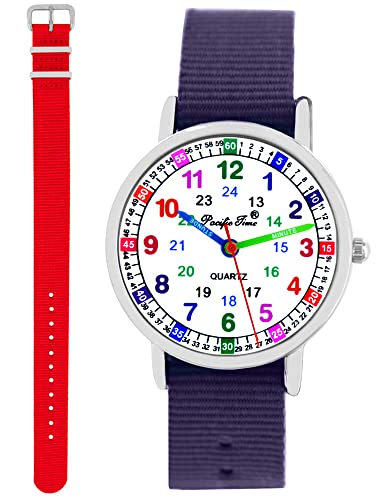 Pacific Time Kinder Armbanduhr Mädchen Jungen Lernuhr Kinderuhr Set 2 Textil Armband violett + rot analog Quarz 11139 von Pacific Time