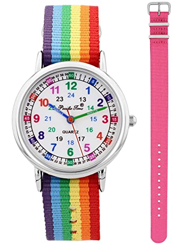 Pacific Time Kinder Armbanduhr Mädchen Jungen Lernuhr sehr gut ablesbar Wechsel Textilarmband Regenbogen + Rosa analog Quarz 12901 von Pacific Time