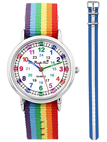 Pacific Time Kinder Armbanduhr Mädchen Jungen Lernuhr sehr gut ablesbar Wechsel Textilarmband Regenbogen + blau reflektierend analog Quarz 12919 von Pacific Time