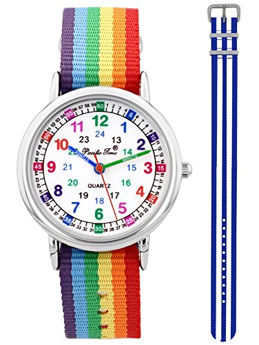 Pacific Time Kinder Armbanduhr Mädchen Jungen Lernuhr sehr gut ablesbar Wechsel Textilarmband Regenbogen + blau weiß analog Quarz 12915 von Pacific Time