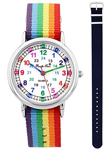 Pacific Time Kinder Armbanduhr Mädchen Jungen Lernuhr sehr gut ablesbar Wechsel Textilarmband Regenbogen + dunkelblau analog Quarz 12904 von Pacific Time