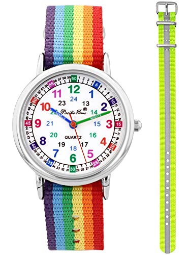 Pacific Time Kinder Armbanduhr Mädchen Jungen Lernuhr sehr gut ablesbar Wechsel Textilarmband Regenbogen + gelb reflektierend analog Quarz 12918 von Pacific Time