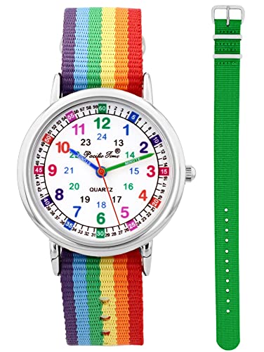 Pacific Time Kinder Armbanduhr Mädchen Jungen Lernuhr sehr gut ablesbar Wechsel Textilarmband Regenbogen + grün analog Quarz 12903 von Pacific Time