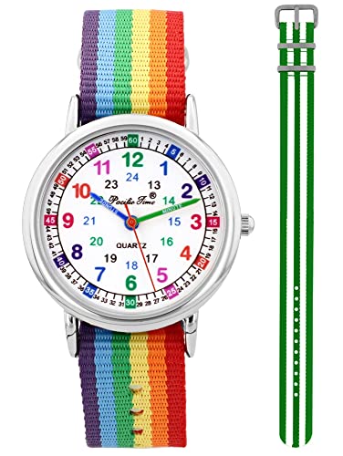 Pacific Time Kinder Armbanduhr Mädchen Jungen Lernuhr sehr gut ablesbar Wechsel Textilarmband Regenbogen + grün weiß analog Quarz 12914 von Pacific Time