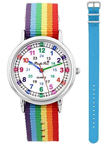 Pacific Time Kinder Armbanduhr Mädchen Jungen Lernuhr sehr gut ablesbar Wechsel Textilarmband Regenbogen + hellblau analog Quarz 12908 von Pacific Time