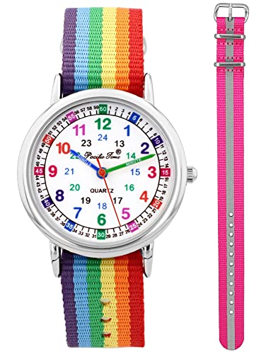 Pacific Time Kinder Armbanduhr Mädchen Jungen Lernuhr sehr gut ablesbar Wechsel Textilarmband Regenbogen + pink reflektierend analog Quarz 12917 von Pacific Time