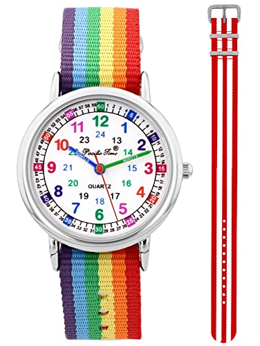 Pacific Time Kinder Armbanduhr Mädchen Jungen Lernuhr sehr gut ablesbar Wechsel Textilarmband Regenbogen + rot weiß analog Quarz 12916 von Pacific Time
