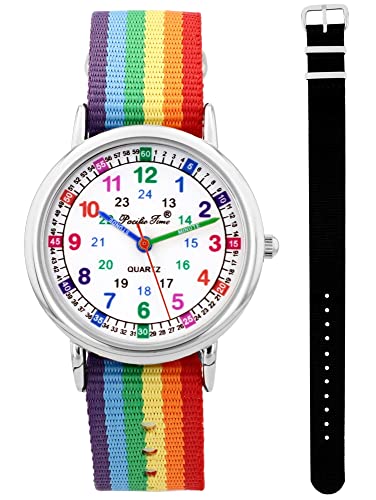 Pacific Time Kinder Armbanduhr Mädchen Jungen Lernuhr sehr gut ablesbar Wechsel Textilarmband Regenbogen + schwarz analog Quarz 12907 von Pacific Time