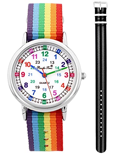 Pacific Time Kinder Armbanduhr Mädchen Jungen Lernuhr sehr gut ablesbar Wechsel Textilarmband Regenbogen + schwarz grau analog Quarz 12909 von Pacific Time