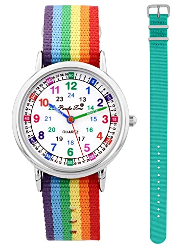 Pacific Time Kinder Armbanduhr Mädchen Jungen Lernuhr sehr gut ablesbar Wechsel Textilarmband Regenbogen + türkis analog Quarz 12905 von Pacific Time