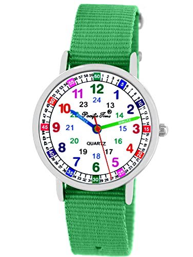 Pacific Time Kinder Armbanduhr Mädchen Jungen Uhr Kids Lernuhr grün Textil Wechselarmband analog Quarz 10903 von Pacific Time