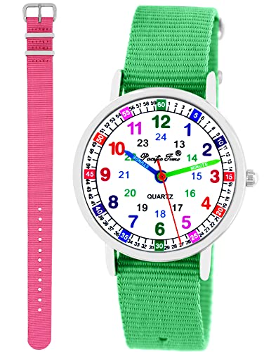 Pacific Time Kinder Armbanduhr Mädchen Jungen Lernuhr Kinderuhr Set 2 Textil Armband grün + rosa analog Quarz 11100 von Pacific Time