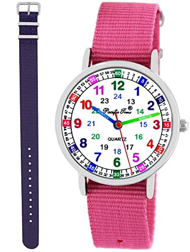 Pacific Time Kinder Armbanduhr Mädchen Lernuhr 2 Wechsel Textilarmband rosa violett analog Quarz 11130 von Pacific Time